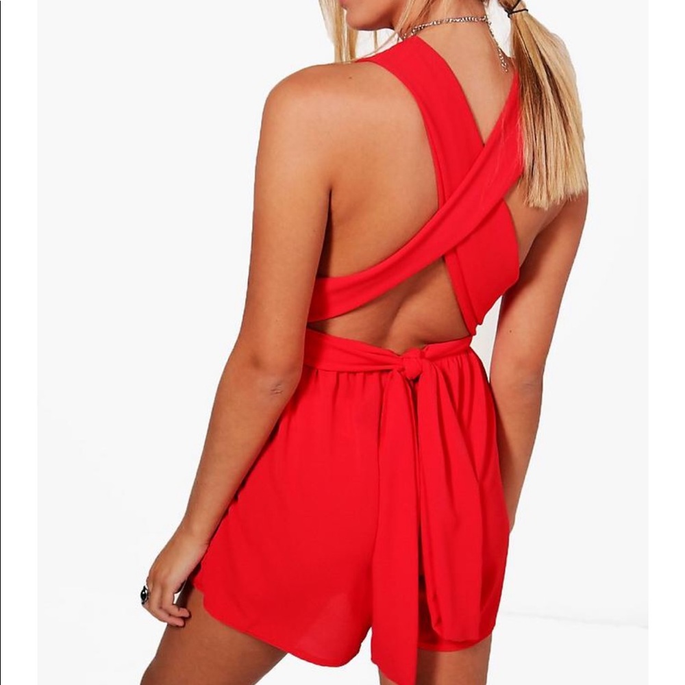 NEVER WORN. Red plunge front tie playsuit